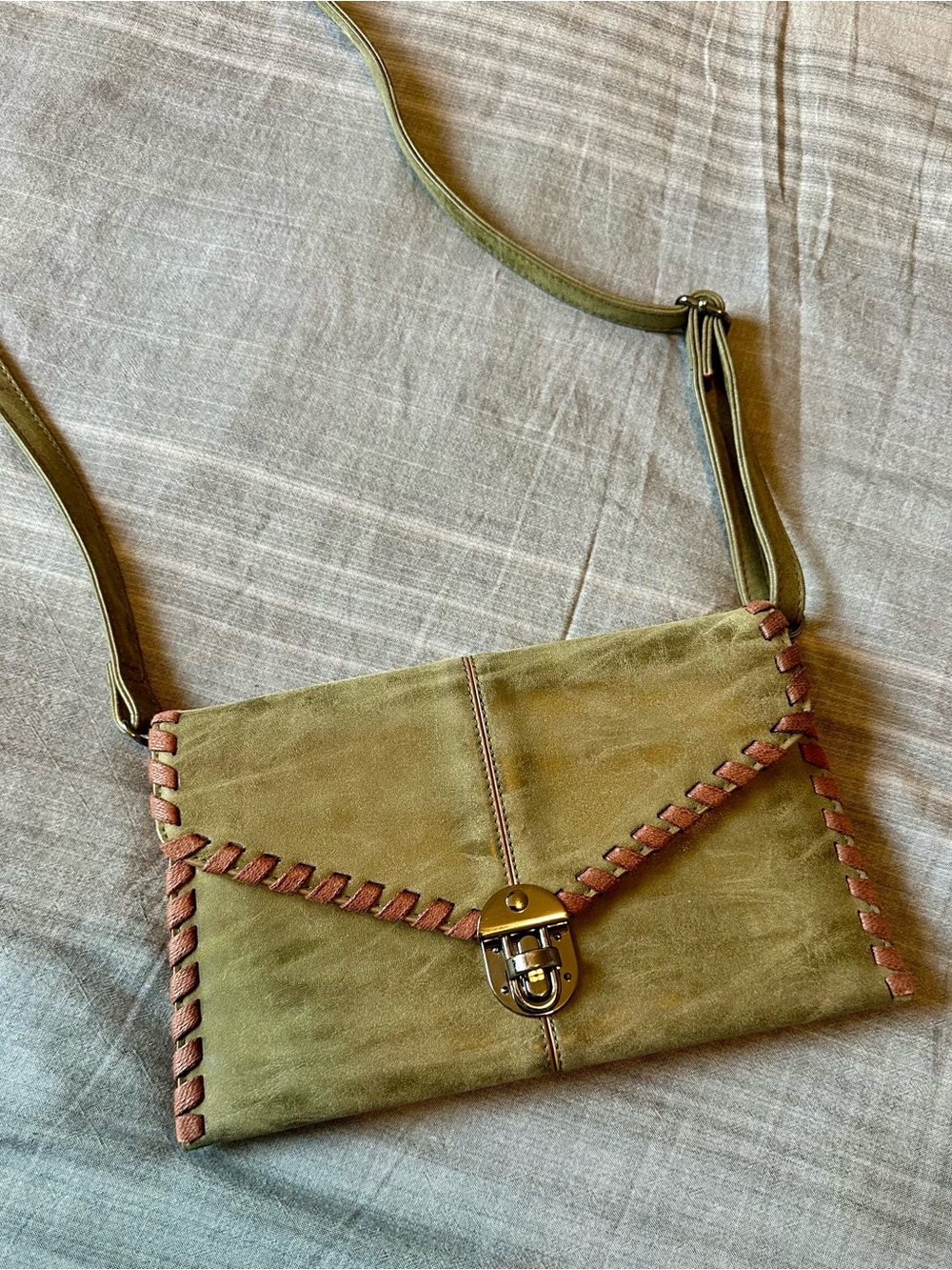 Sydney Love Olive Suede Crossbody with Brown Woven Trim